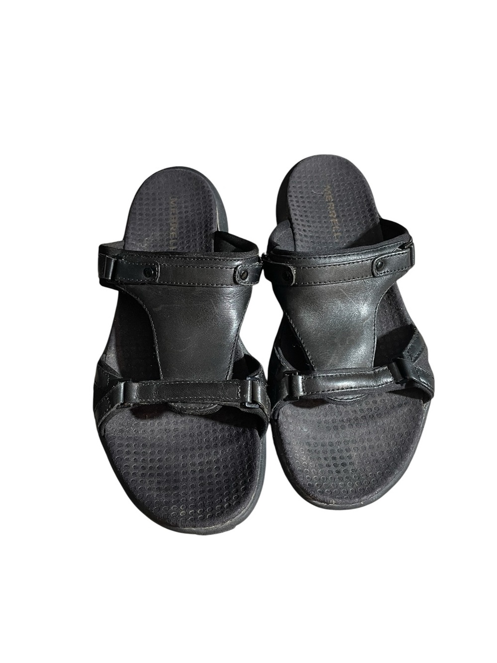 Y9- Merrell size 7 Black Leather Slide Sandals